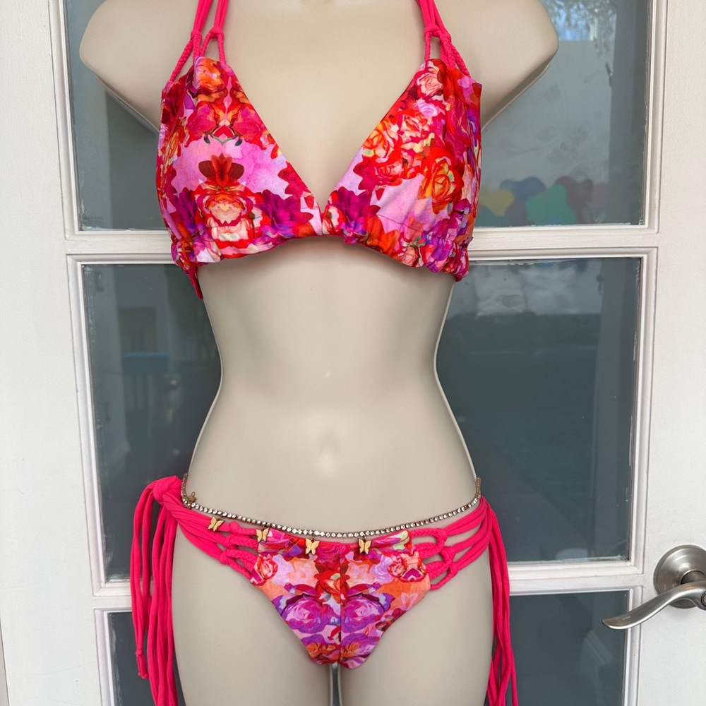 Pink and Orange Floral Bikini Set with Triangle Top